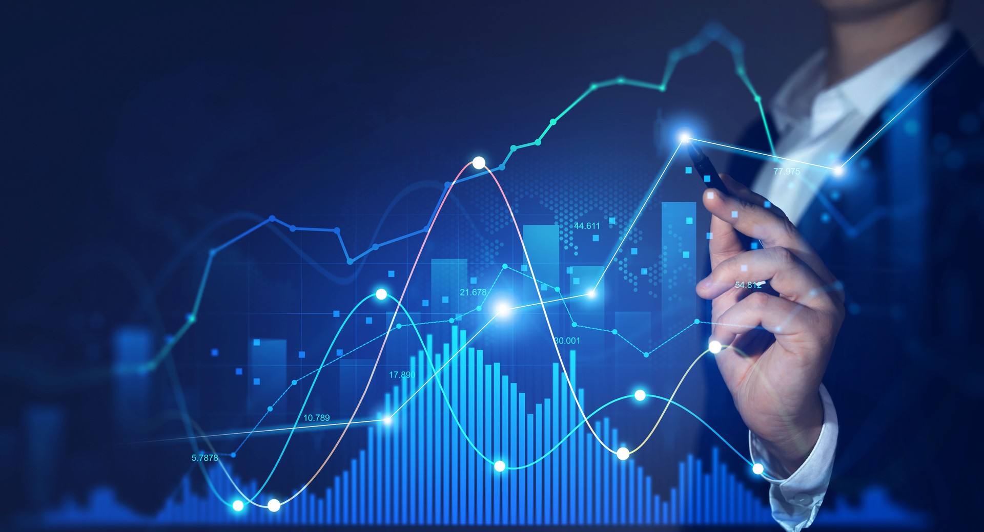 Growth graph and investment analysis. Presentation financial marketing graph on development and profit stock market.Concept of business growth, profit, development and success.